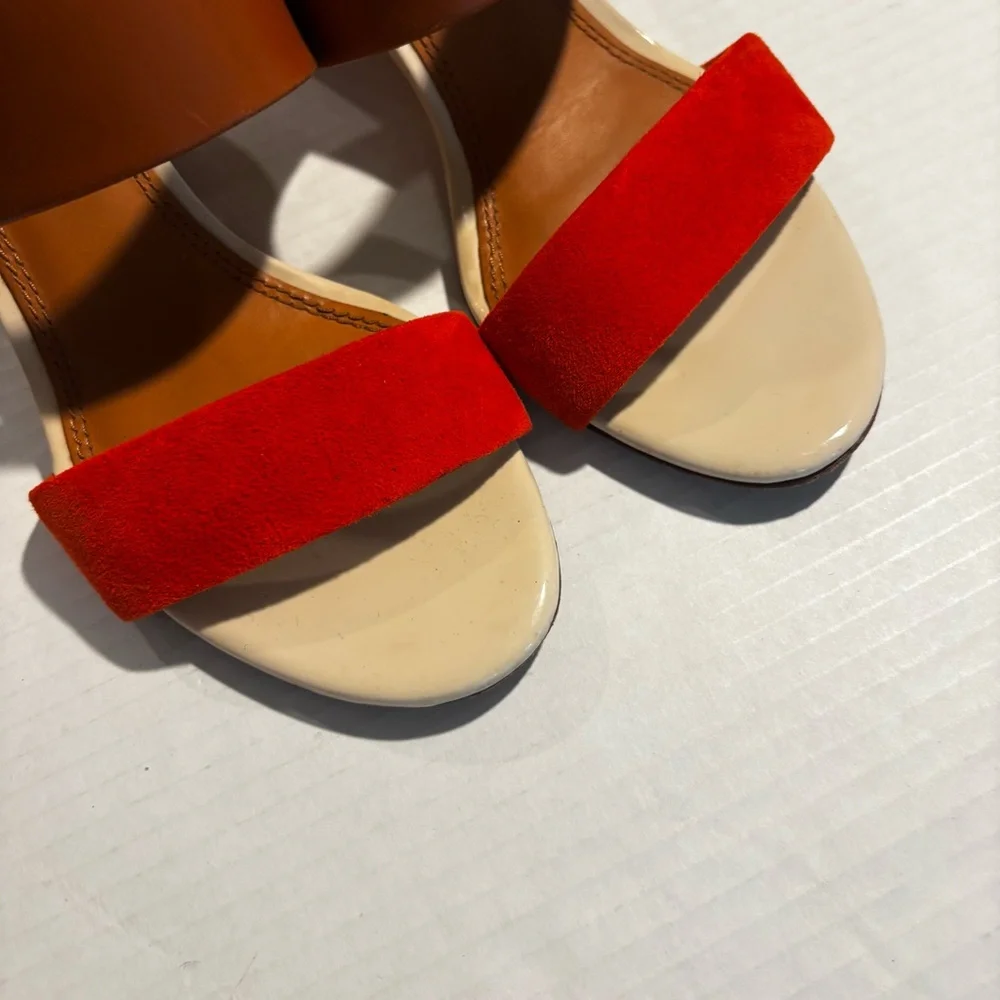 Tory Burch Two-Tone Tan and Orange Block Heel Sandals